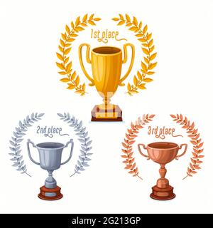 Coupes à trophées d'or, d'argent et de bronze avec couronnes de Laurier. Coupes de trophées de formes différentes - trophées de la 1ère, 2ème et 3ème place. Carto Illustration de Vecteur