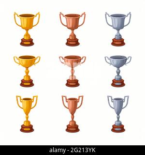 Coupes à trophées d'or, d'argent et de bronze. Coupes de trophées de formes différentes - trophées de la 1ère, 2ème et 3ème place. Vecteur de style dessin animé illust Illustration de Vecteur