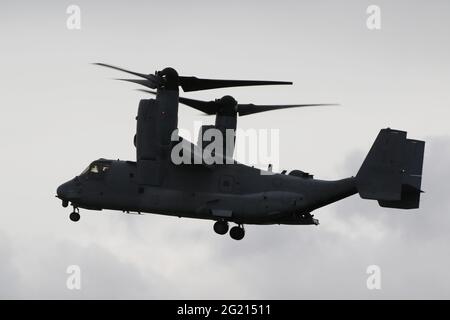 168666, un Boeing Bell MV-22B Osprey exploité par le corps des Marines des États-Unis, arrivant à l'aéroport international de Prestwick à Ayrshire, en Écosse. Banque D'Images