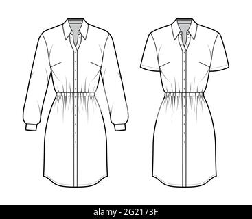 Ensemble de robes chemise technique mode illustration avec taille froncée, manches longues courtes, jupe longueur genou, col classique, fermeture à boutons. Vêtements plats sur le devant, couleur blanche. Maquette CAD pour femmes et hommes Illustration de Vecteur