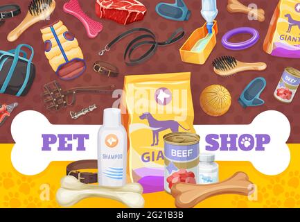Soins pour animaux de compagnie de chiens, jouets et affiche de nourriture, publicité vectorielle produits promotionnels pour animaux. Le magasin Zoo propose des aliments secs et du bœuf dans une boîte, un collier, des os et un en-cas avec le clothe Illustration de Vecteur