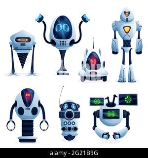 Caricature de futurs robots, les personnages des travailleurs robotisés de l'industrie. Androïdes vectoriels sur roues, droïdes avec des clenches mains et perceuse, assistant de machine avec ai Illustration de Vecteur