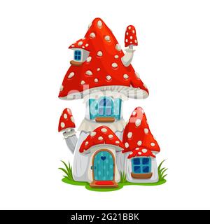 Maison de fées aux champignons, maison d'orf ou gnome, bâtiment de dessin animé agarique de vecteur de mouche, maison de conte de fées avec porte en bois bleu, fenêtres avec volets et pip Illustration de Vecteur