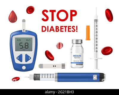 Diabète, glucomètre, insuline et seringue avec bandelette de test, cellules d'hémoglobine du sang ou goutte. Arrêter l'équipement de médecine du diabète pour la mesure gl Illustration de Vecteur