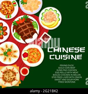 Couverture de la cuisine chinoise, affiche vecteur du restaurant de cuisine asiatique chinoise avec plats et assiettes à repas. Cuisine chinoise traditionnelle canard et wonton Illustration de Vecteur