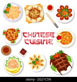 Cuisine chinoise, plats asiatiques et plats traditionnels vectoriels. Le menu du restaurant chinois comprend du canard de Pékin et du wonton Illustration de Vecteur