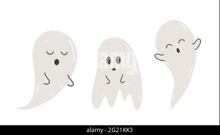 Ensemble de fantômes mignons isolés sur fond blanc. Personnages effrayants drôles.Illustration vectorielle dessinée à la main dans un style de dessin animé plat. Parfait pour les cartes, les invitations, les motifs d'Halloween, les décorations. Illustration de Vecteur