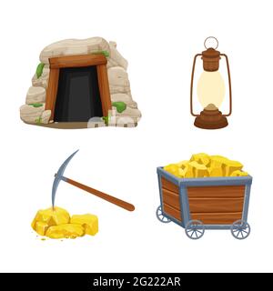 Placez les outils de mine, l'équipement dans un style de dessin animé isolé sur fond blanc. Chariot en bois avec minerai d'or, entrée de tunnel, lampe rétro, pioche et. Actif d'interface utilisateur Illustration de Vecteur