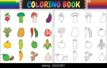 Livre de coloriage avec dessin animé de légumes frais Illustration de Vecteur