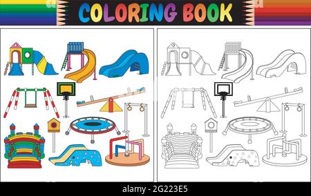 Livre de coloriage avec jeux d'icônes d'équipement de jeu Illustration de Vecteur