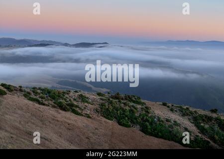 Brouillard traversant la vallée de Salinas via le parc national de Fremont Peak, comtés de Monterey et de San Benito, Californie, États-Unis. Banque D'Images