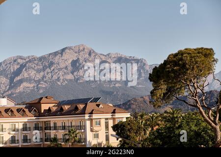 Vue d'été tropicale depuis la terrasse de l'hôtel aux montagnes et aux palmiers lors d'une journée ensoleillée. Concept de vacances d'été. Publicité de voyage de Turquie Banque D'Images