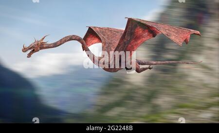 dragon, créature légendaire volant à travers les montagnes Banque D'Images