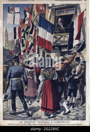 Politique, vétéran français montrant le tricolore à Strasbourg le jour de la berline, gravure en bois coloré, DROITS-SUPPLÉMENTAIRES-AUTORISATION-INFO-NON-DISPONIBLE Banque D'Images