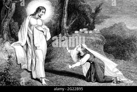 Une illustration gravée de Jésus-Christ apparaissant à Marie-Madeleine d'un livre géorgien daté de 1836 qui n'est plus en droit d'auteur Banque D'Images