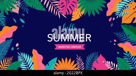 Hello Summer concept design, panorama d'été, illustration abstraite avec feuilles exotiques de jungle, design coloré, fond d'été et bannière Illustration de Vecteur