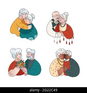 Ensemble de couples âgés dans un style de dessin animé plat - isolé. Les aînés amoureux. Les vieux multiraciaux embrassent, embrassent, datent, donnent des fleurs Illustration de Vecteur