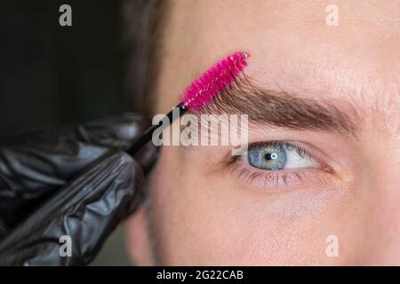 gros plan pour un portrait d'un homme caucasien peignant ses sourcils. macro. studio. mi-âge. yeux bleus. Une esthéticienne qui plit un beau M. Banque D'Images