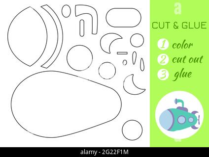 Colorer, couper et coller le papier vert sous-marin. Couper et coller la page d'activité de spécialité. Jeu éducatif pour les enfants d'âge préscolaire. Feuille de travail DIY. Jeux de logique pour enfants, Illustration de Vecteur