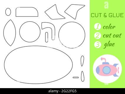 Couleur, couper et coller papier sous-marin rose. Couper et coller la page d'activité de spécialité. Jeu éducatif pour les enfants d'âge préscolaire. Feuille de travail DIY. Jeux de logique pour enfants, Illustration de Vecteur