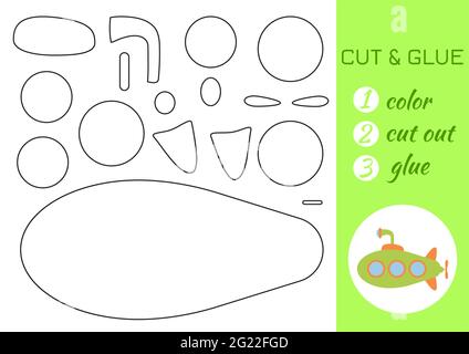 Colorer, couper et coller le papier vert sous-marin. Couper et coller la page d'activité de spécialité. Jeu éducatif pour les enfants d'âge préscolaire. Feuille de travail DIY. Jeux de logique pour enfants, Illustration de Vecteur