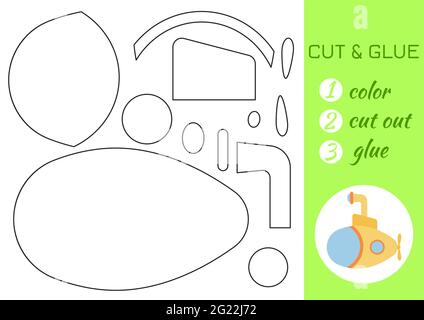 Couleur, couper et coller papier jaune sous-marin. Couper et coller la page d'activité de spécialité. Jeu éducatif pour les enfants d'âge préscolaire. Feuille de travail DIY. Jeu de logique pour enfants Illustration de Vecteur