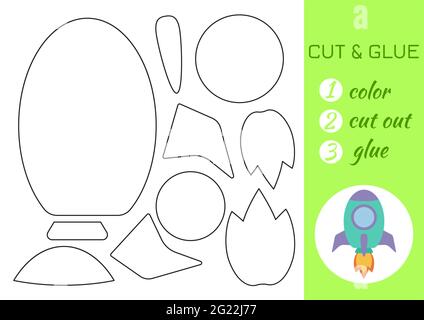 Couleur, couper et coller papier roquette verte. Couper et coller la page d'activité de spécialité. Jeu éducatif pour les enfants d'âge préscolaire. Feuille de travail DIY. Jeu de logique pour enfants, ac Illustration de Vecteur