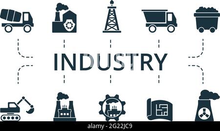 Jeu d'icônes de l'industrie. Contient des icônes modifiables telles que l'industrie de l'énergie, l'exploitation minière du charbon, la gestion des produits, etc. Illustration de Vecteur