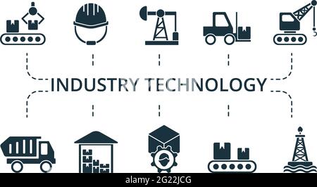 Ensemble d'icônes de technologie industrielle. Contient des icônes modifiables telles que l'excaveur, le plan de construction, le camion à benne basculante et plus encore. Illustration de Vecteur