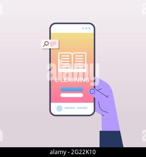main humaine utilisant l'application pédagogique mobile sur l'écran du smartphone concept d'apprentissage en ligne de l'éducation Illustration de Vecteur