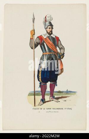 Piquier de la Garde hollandaise. (17e siècle.) Sous Prince Maurice. Homme en costume historique d'un peakier de la Garde hollandaise sous le prince Maurits, XVIIe siècle. Présentation ajoutée à la tôle sur le ballon costumé tenu au Palais du Prince d'Orange (plus tard le roi Willem III) à la Haye le 26 février 1845. Banque D'Images