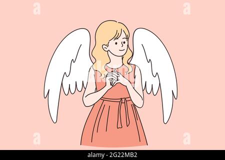 Concept de carte Saint Valentin. Blonde jolie fille enfant portant une robe debout avec des ailes d'ange sur le dos félicitant avec l'illustration de vecteur de vacances Illustration de Vecteur