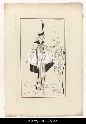 Journal des Dames et des modes, costumes Parisiens, 1914, n° 150. Femme en jawn avec de longues manches de lin rayé, environ un petit cap de velours .. cloche (Pothopoed) avec plume. Elle se tient avec un buisson avec des papillons. Pression d'essai d'un tirage du magazine de mode Journal des Laden et des modes (1912-1914). Banque D'Images