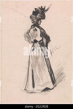 Une dame debout, avec un chapeau et des mains sur le côté. Banque D'Images