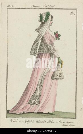 Journal des Dames et des modes, Costume parisien, 3 juillet 1798, AN 6, (47): Voile à l'Iphigénie (...). Femme marchant à droite, avec un voile: 'Voile à l'Iphigénie'. Elle porte un petit shabple d'épaule blanc sur une robe avec sentier. Dans la main droite, un sac ou un sac avec devise. Autres accessoires: Fleur en relief, gant, chaussure plate avec nez pointu. Selon la légende, cette représentation est tirée vers la vie sur les champs Elysées. L'imprimé fait partie du magazine de mode Journal des Laden et des modes, publié par Sellèque, Paris, 1797-1839. Banque D'Images