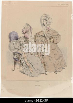 Journal des gens du monde, modes Paris, avril 1834: Visite. Deux femmes dans différentes robes. Écharpe longue à motif fleuri, sous la ceinture (?) Couvert. Chapeau à baldaquin avec voile. Imprimé du magazine de mode Journal des gens du monde (6 décembre 1833 - 1834 mai). Banque D'Images