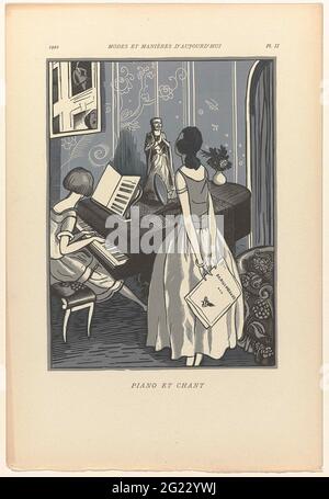 Modes et modes d'Aujourd'hui, 1922, pl. 2: Piano et chant. Deux femmes dont le piano joue et chante l'autre. Au-dessus du piano est accroché un miroir dans lequel la femme chantante peut être vue. Elle a fixé la partitions de Darius Milhaud avec deux mains sur le dos. Sur le piano est un violon. L'imprimé fait partie d'une série de 12 coupes de bois de Fernand Siméon, avec des textes de Paul Valery, pour la septième partie (10e année 1922) des modes et manières d'Aujourd'hui. Chaque édition n'avait une circulation que de 300 pièces et était exclusivement consacrée à un artiste qui a conçu 12 imprimés autour d'un certain thème. Dans ce Banque D'Images