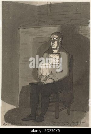 Un exemple pour ceux dans le service national de. Mendiant aveugle. Homme assis sur une chaise, manteau noué avec de longs bâtiments, avec la main droite, il tient une grande tasse lumineuse ou un verre sur sa photo; la main gauche se trouve sur le bord d'un chapeau, qu'il s'arrête vice versa entre les jambes; Sur sa poitrine un papier a été attaché avec l'inscription "passage avec un aveugle de bras qui a son visage a perdu sur le navire Doggersbank". Banque D'Images