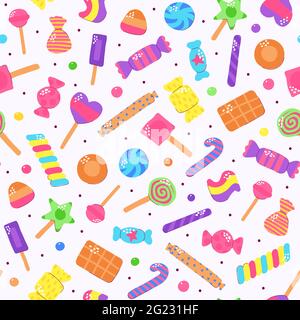Ensemble de friandises multicolore mignon. Sucreries sur fond clair. Gommeux, chocolat, caramel, sucettes, gelée, Menthe poivrée, marmelade, gouttes de différents Illustration de Vecteur