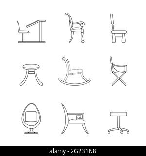 Ensemble de lignes icônes chaises. Différentes options pour les chaises et les fauteuils. Contour noir des éléments intérieurs isolés sur un fond blanc. Ordinateur, enfant Illustration de Vecteur