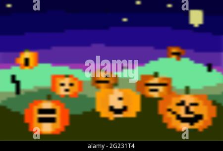 Arrière-plan Halloween avec pixels flous. Nuit automne paysage festif avec des citrouilles effrayantes sur un fond de ciel violet, étoiles et la lune. Vacances d'automne Illustration de Vecteur