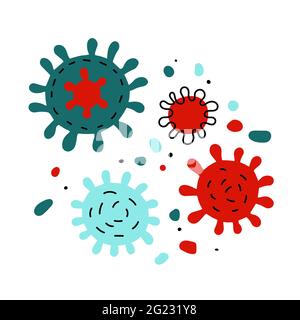 Ensemble d'affiches pour coronavirus Doodle. Cellule de virus rouge, bleu de dessin animé isolée sur fond blanc. Symbole de maladie, pneumonie, covid, médecine, traitement, scie Illustration de Vecteur