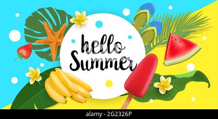 Illustration typographique vectorielle Hello Summer Holiday avec feuilles de palmier tropicales, fleur de frangipani, pastèque, crème glacée, bananes. Bannière publicitaire Web Illustration de Vecteur