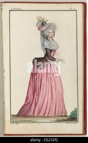 Cabinet des modes ou les modes nouvelles, 15 Aout 1786, pl. 2. Femme en japon rose, avec caraco, droite. L'imprimé fait partie du 19e Cahier de la série Cabinet des modes ou les modes nouvelles. La série se compose de 72 reproductions de mode, émises par Buisson, Paris, 15 novembre 1785 - 1 novembre 1786. Banque D'Images