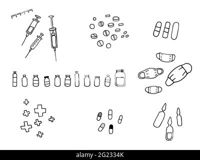 Kit de matériel médical. Contours noirs vectoriels de seringues, masques, comprimés, médicaments, canettes, ampoules, croix, adhésifs isolés sur fond blanc. Co. Stock Illustration de Vecteur