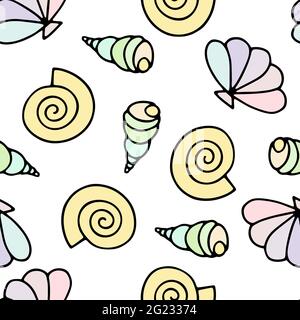 Mouse le motif de mise en plan vectoriel sans couture. Escargots de mer de couleur cartoon isolés sur fond blanc. Coquillages aquatiques aléatoires Illustration pour papier peint, wr Illustration de Vecteur