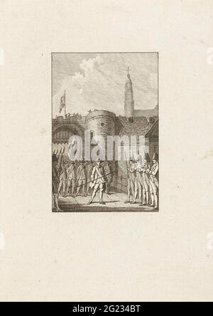 Exode de la garnison de Maastricht, 1748. L'exode avec tous les avertissements de la garnison hollandaise sous Baron d'Aylva, après la capitulation de la ville de Maastricht sur les Français, 10 mai 1748. Banque D'Images