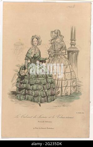 Le Cabinet de conférence et le Veleur Réunis, 31 juillet 1842 : Journal Littéroire. Deux femmes dans la rue, en arrière-plan une arche triomphale. À gauche : JAP avec motif feuilles, décoré de bandes de tissu froissées. Manches longues. À droite : JAP avec corps plissé et manches trois quarts. Veste d'épaule transparente avec col. Imprimé du magazine le Cabinet de conférence (1829-1842). Banque D'Images