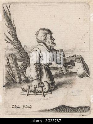 Mendiant paralysé ; Clein Pietie ; scènes de genre. Un homme paralysé est basé sur son tabouret et mendiant avec son chapeau. En arrière-plan une clôture et un arbre. L'impression fait partie d'une série de 32 tirages avec des scènes de genre. Banque D'Images