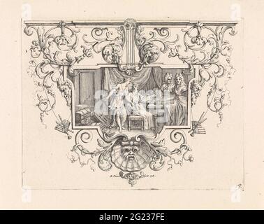 Nicolas Boileau à son bureau avec sa muse. Nicolas Boileau à son bureau. Sa muse le dirige vers les œuvres de Peletier et Pradon. La performance est prise dans un cadre ornemental. Banque D'Images